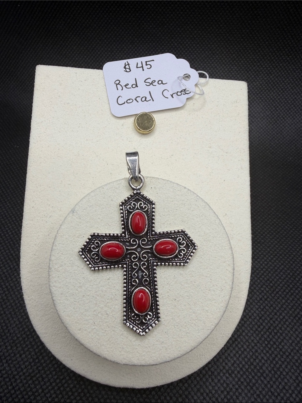Red Sea Coral Cross Pendant 925 Silver Detail 1.95”